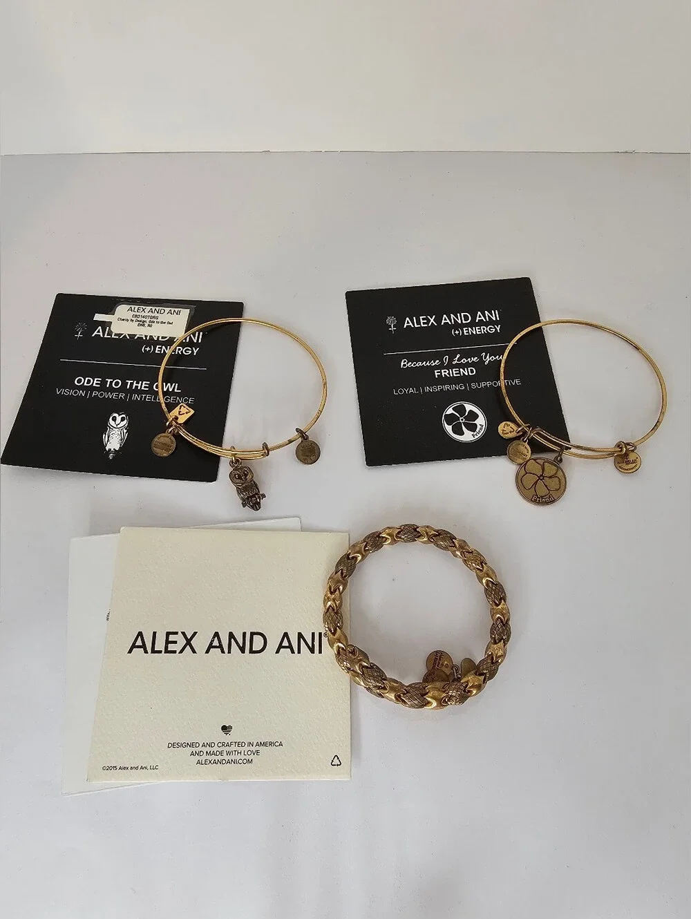 Alex and Ani #3 Gold Tone, Ode to the Owl, Friend Charm & Woven Bracelet Bangles